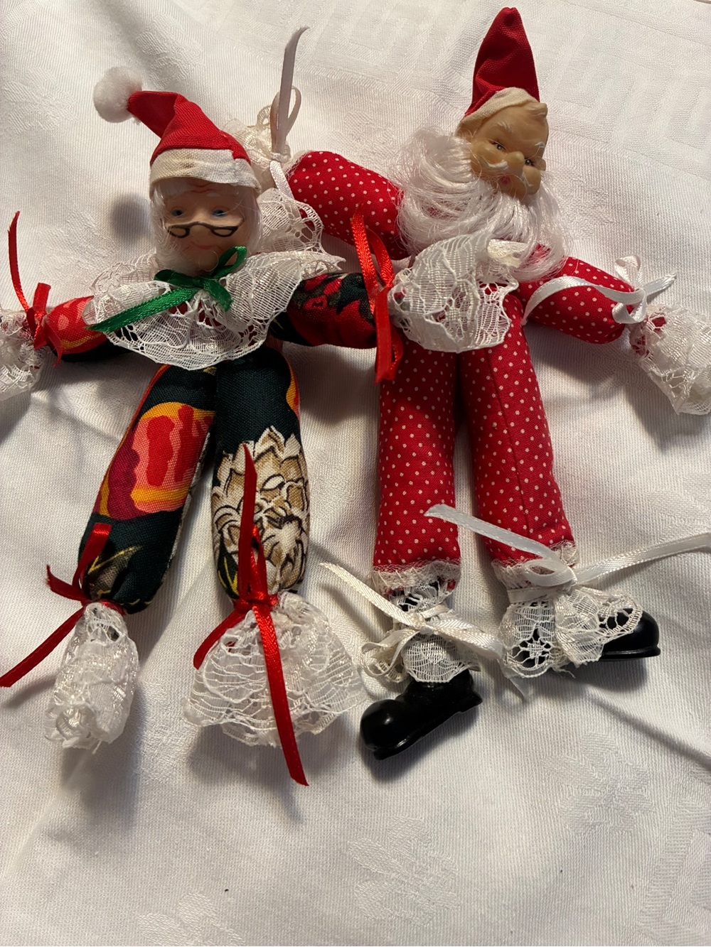 Vintage Whimsical Enchanted Red Fabric Santa and Mrs Claus Shelf Sitter Set